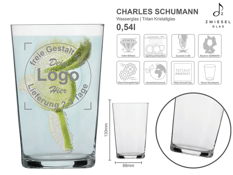 Wasserbecher Charles Schumann mit mehreren Angaben vom Glas