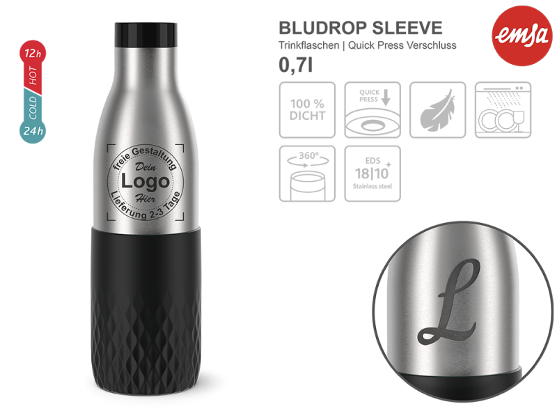Trinkflasche Bludrop Emsa mit mehreren Angaben vom Glas