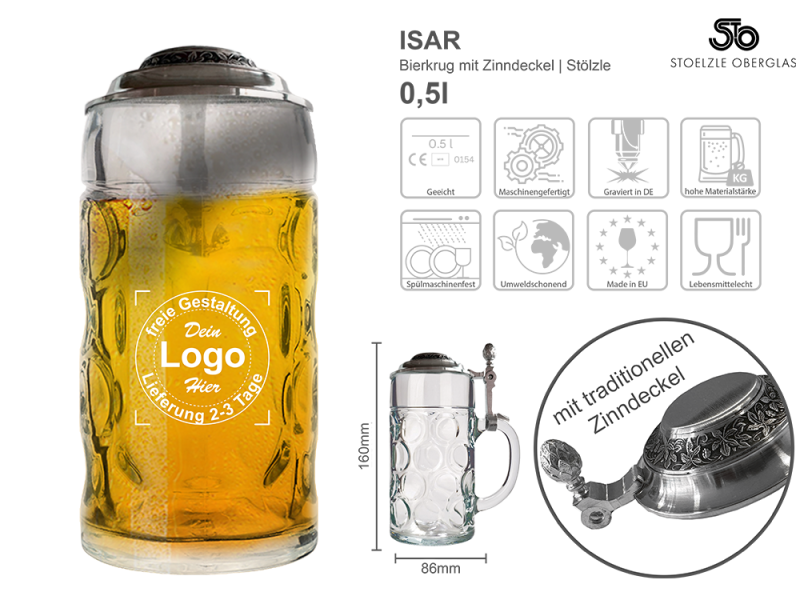 Ein großes gefüllter Bierkrug Isar Zinndeckel  0,5l von Stölzle Oberglas mit den Angaben.