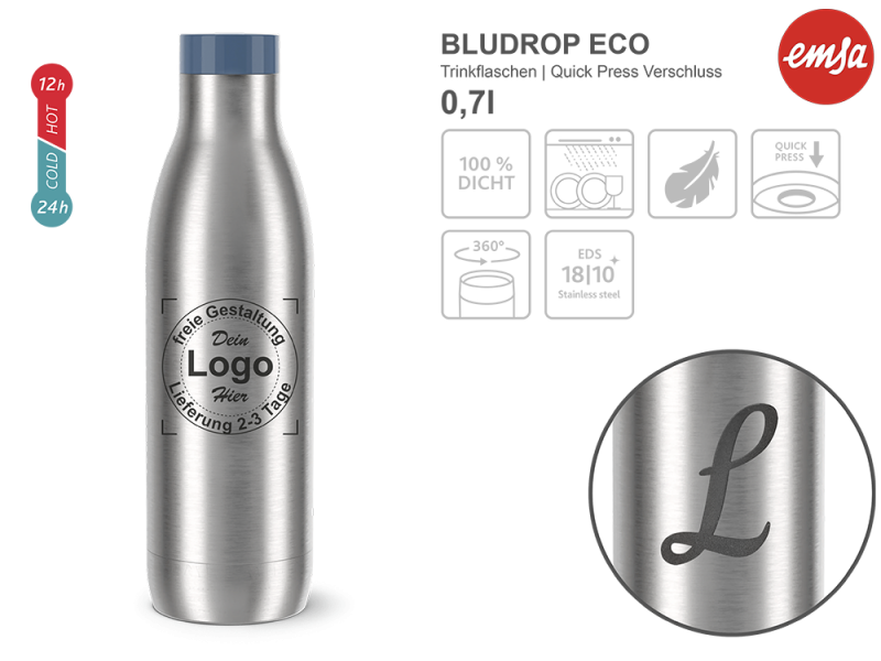Trinkflasche Bludrop Eco Emsa mit mehreren Angaben vom Glas