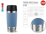 Thermobecher Emsa Aqua Blau mit mehreren Angaben vom Glas