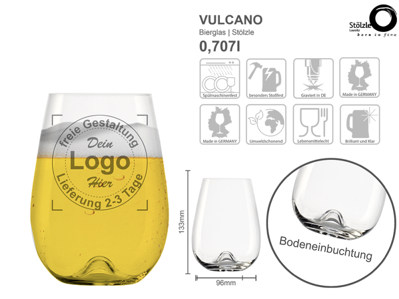 Bierglas Vulcano mit mehreren Angaben vom Glas