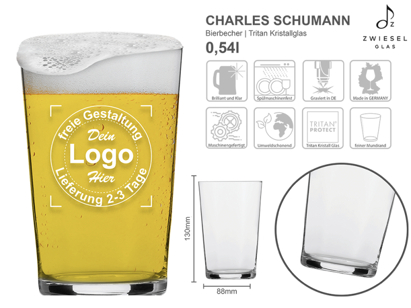 Bierbecher Charles Schumann mit mehreren Angaben vom Glas