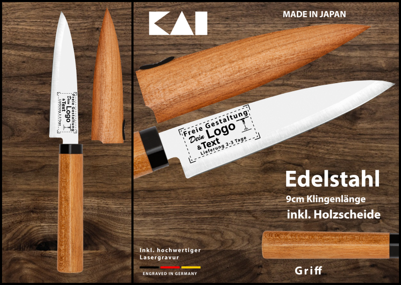Kochmesser "Früchtemesser mit Holzscheide 3.5" (9,0 cm)" zur persönlichen Gestaltung