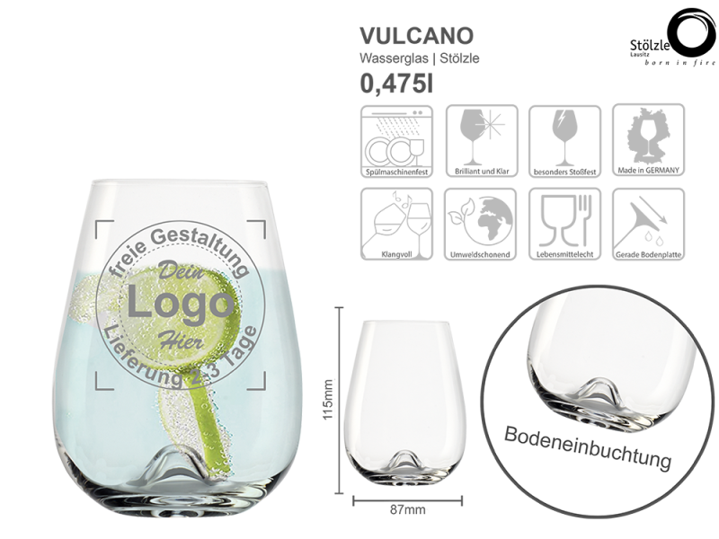 Wasserglas Vulcano mit mehreren Angaben vom Glas