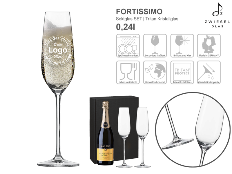 Sekt Glas SET Fortissimo mit mehreren Angaben vom Glas