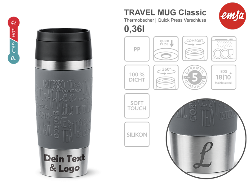 Thermobecher Emsa Grau mit mehreren Angaben vom Glas