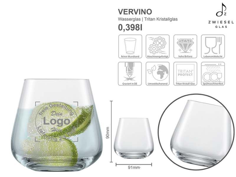 Wasserglas Vervino mit mehreren Angaben vom Glas