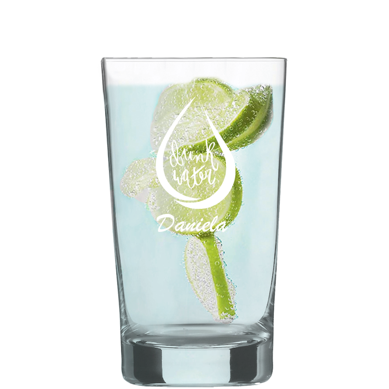 Befülltes Wasser Glas Charles Schumann klein mit persönlicher Gravur 0,33