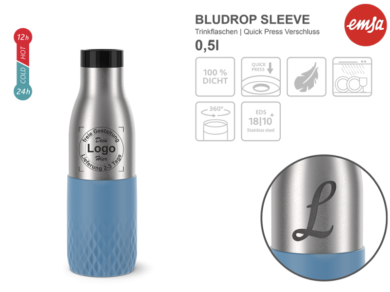 Trinkflasche Bludrop Emsa mit mehreren Angaben vom Glas