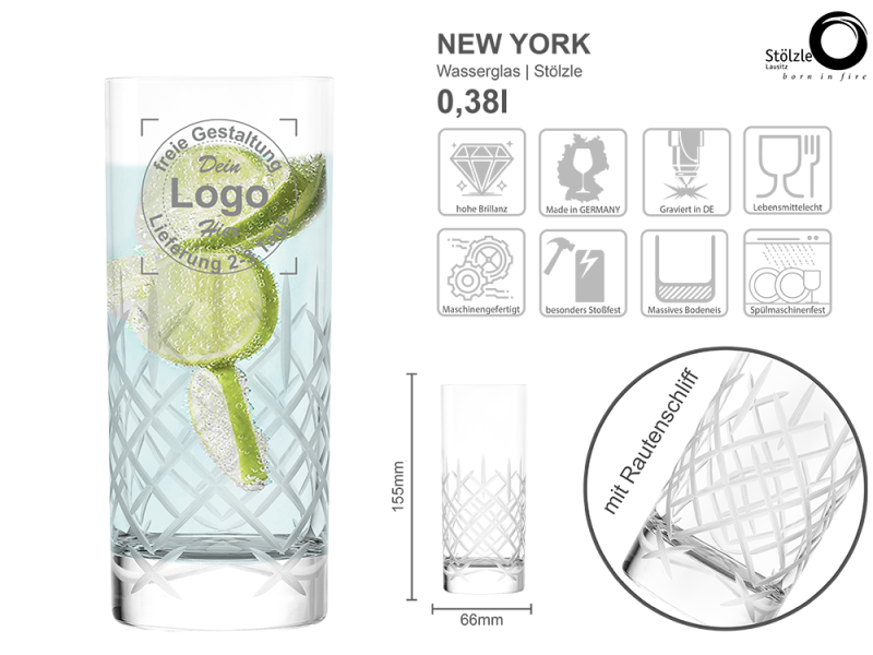 Wasserglas New York mit mehreren Angaben vom Glas