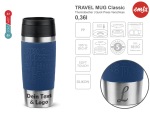 Thermobecher Emsa Blau mit mehreren Angaben vom Glas