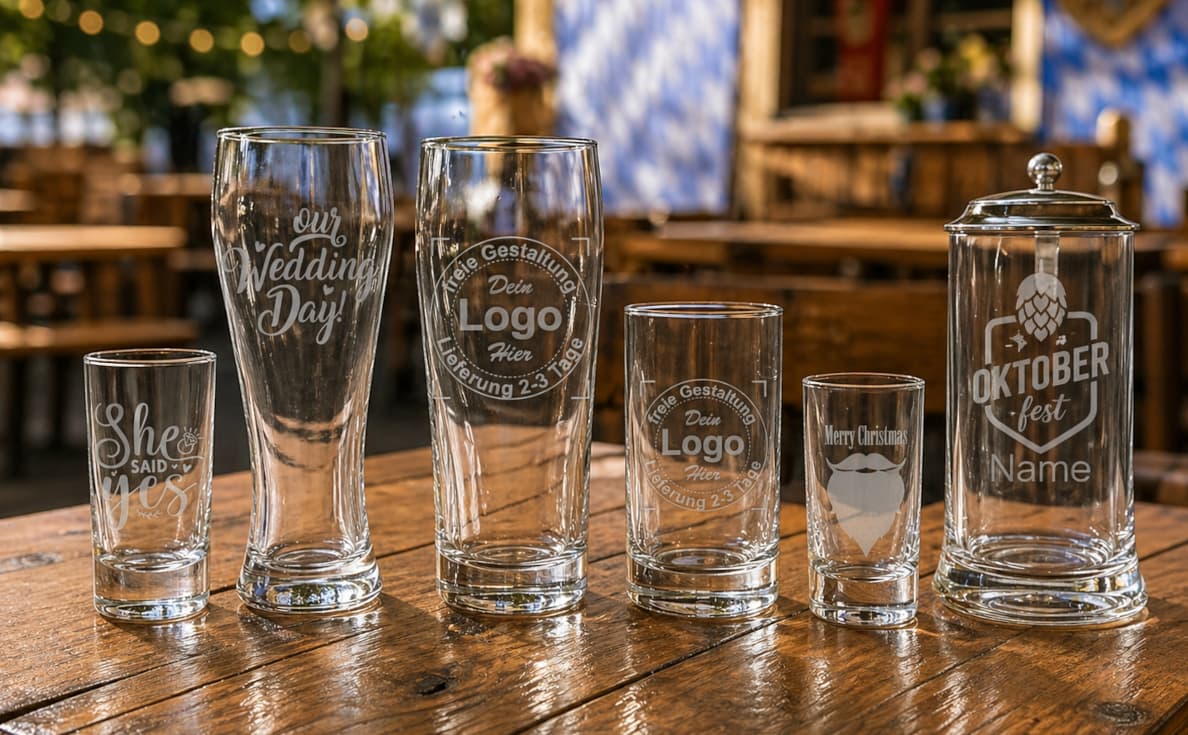 Gravierte Biergläser und Schnapsgläser auf einem Holztisch